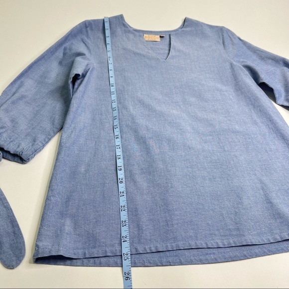 Rungolee Blue Jean Chambray Split Neck Bow Sleeve Casual Boho Hippie Top Shirt - Picture 13 of 13
